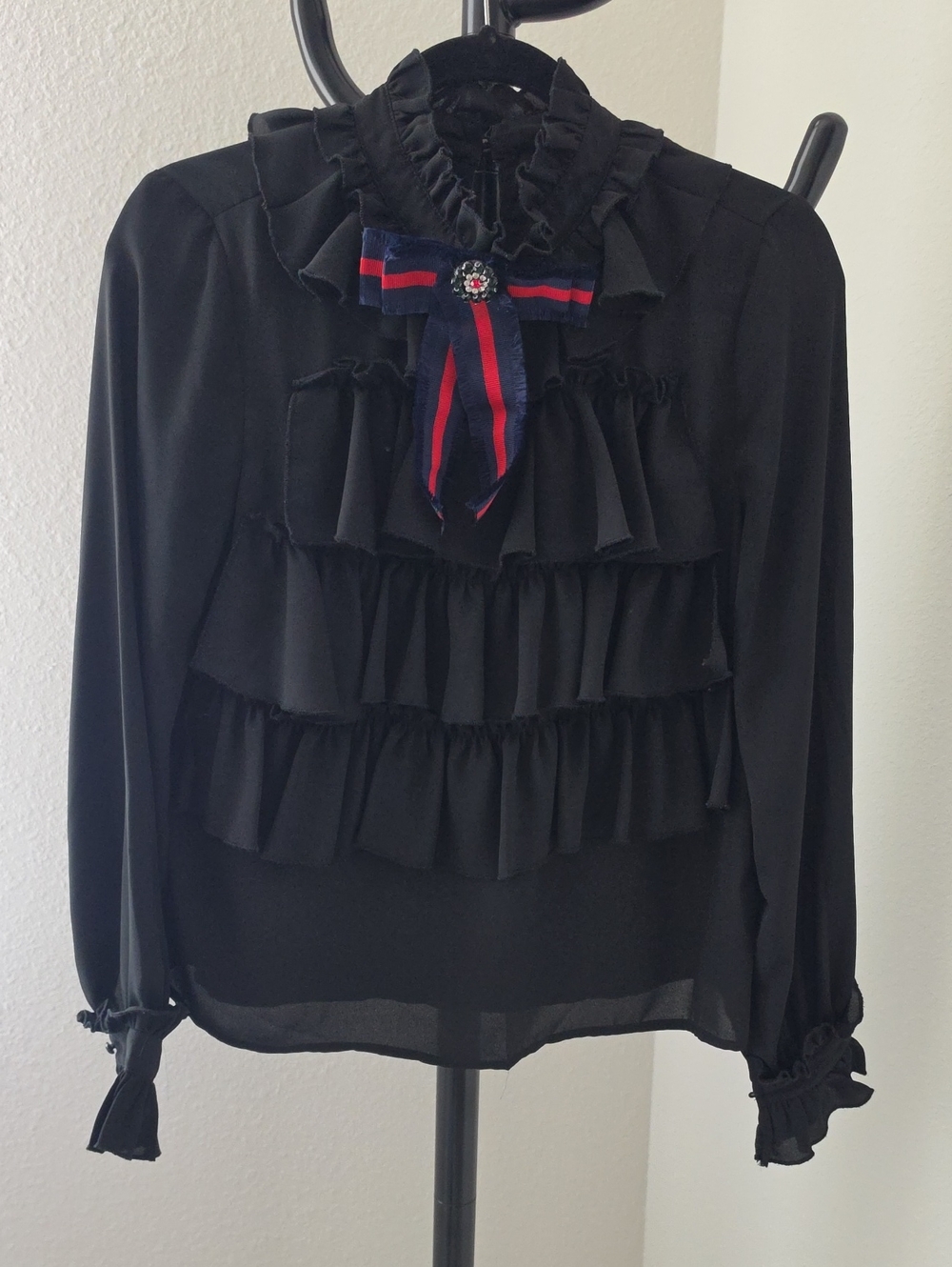 Black Ruffle Bow Blouse with Decorative Ribbon Accent